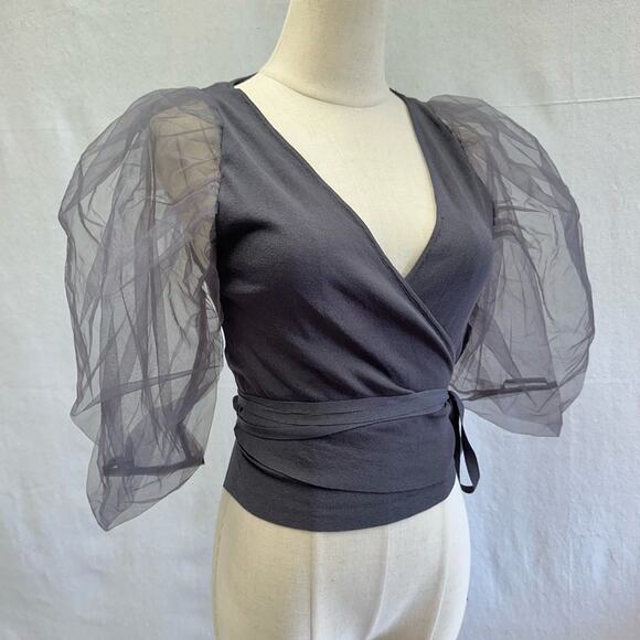 Zara organza statement puff sleeve knit cropped wrap top size large NWT - Picture 3 of 16